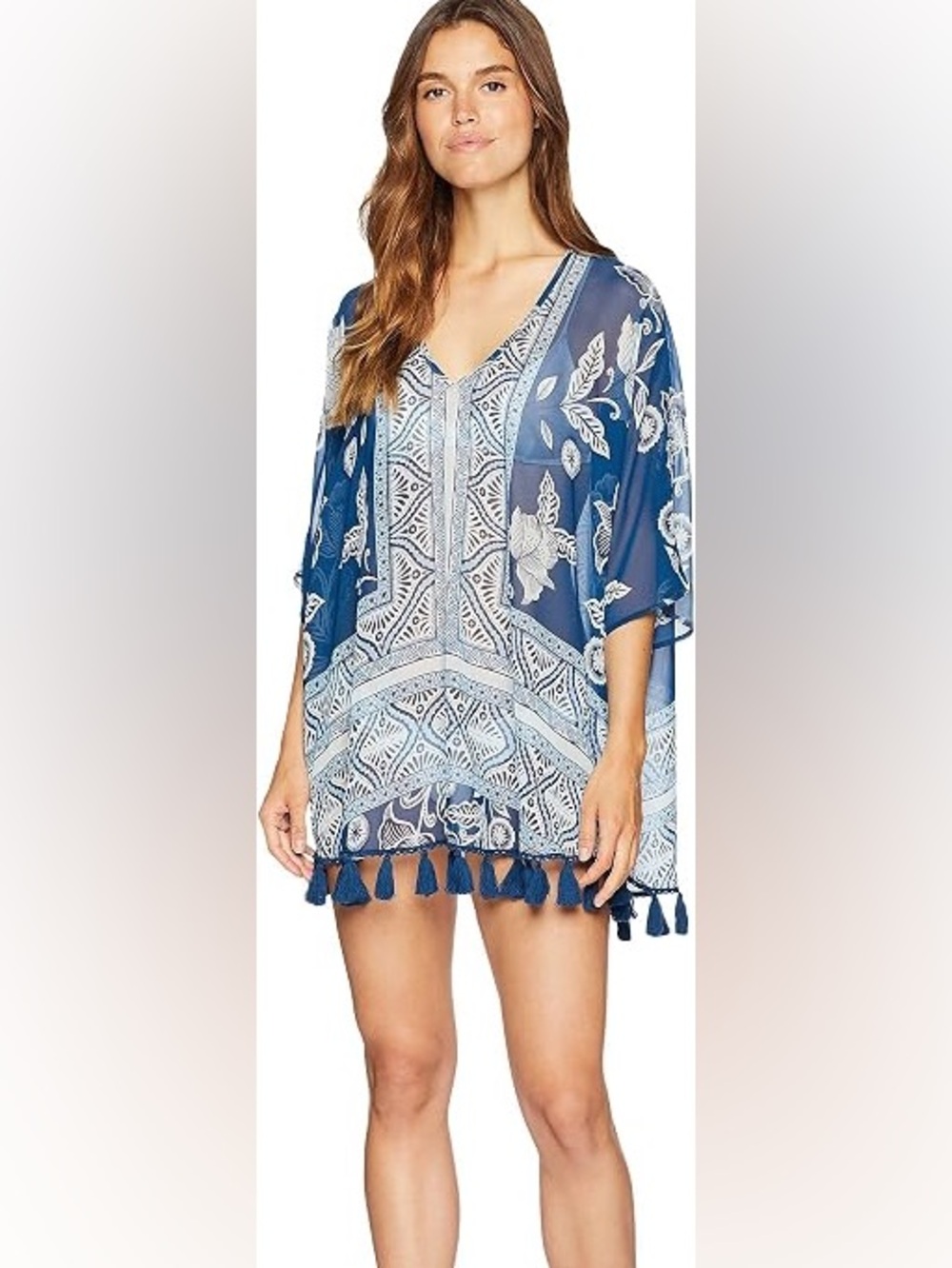 Show me your mumu shook tassel tunic blue white beach cover up size small